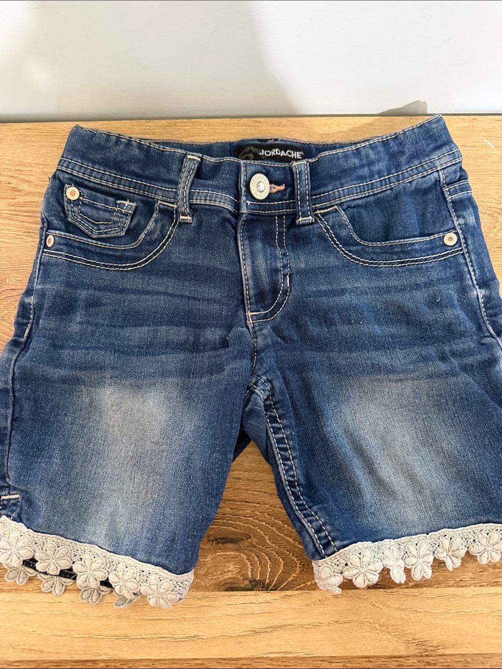 Jordache Girls Dark Blue Denim Shorts with Cream Lace Trim